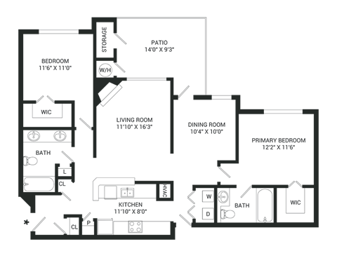 Floor plan for 2 beds, 2 baths, 1140 sqft